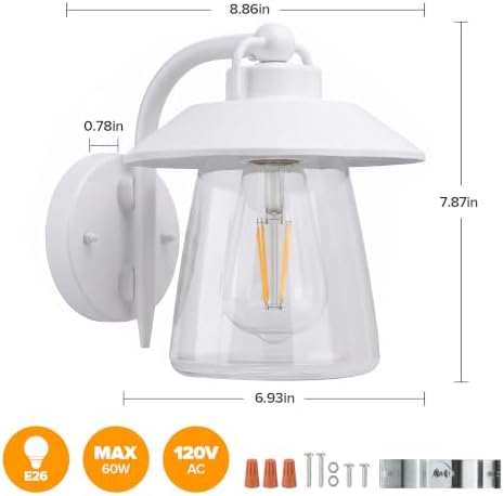 LUTEC 2 Pack Outdoor Indoor Wall Lantern, Farmhouse Barn Wall Sconce Lighting Fixture,Aluminum Anti-Rust Wall Mount Light, Waterproof Wall lamp with Clear Glass for Porch, Exterior, Patio-White - Image 6