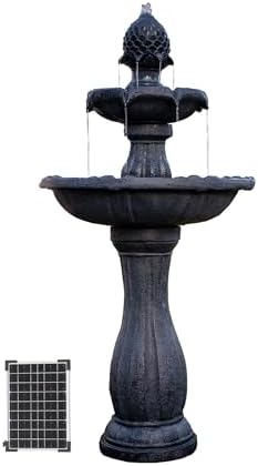 XBrand 44" H Fiberglass/Resin 2-Tier Solar Water Fountain w/Solar Panel and Auto-Shut Off Pump, Solar Garden Fountain, Tall Outdoor Fountain, Two Tiered Birdbath Fountain, Black by XBrandHomeGarden