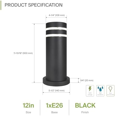 ASD 12" Round Bollard Light Fixture, Outdoor Pathway Floor Lamp | Antiglare, Waterproof, ETL Listed | 60W E26 Bulb Socket 120V | Landscape Hardwired Lighting, Exterior Post Lantern | Black - Image 2