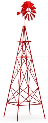 Goplus 8 ft Ornamental Windmill, All-Weather Metal Wind Mill w/ 4 Support Legs, Decorative Weathervane for Backyard, Garden, Farm, 4 Ground Stakes Included (Red) by Goplus