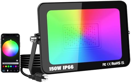 AUXTINGS 150W RGB LED Floodlight Outdoor,15000LM Smart Flood Lights Colour Changing APP Control,Warm White + Million RGB Colours for Party Stage Garden Halloween Christmas Decorations,IP66 US Plug by AUXTINGSLEDLight
