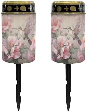 Poceacles Outdoor Solar Lights Solar Garden Lights Cemetery Solar Lights Water Resistant Pillar Candle Solar Garden Stake Lights for Cemetery Grave Decorations, Hummingbird Flower Pink, Pack of 2 by Poceacles