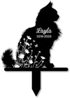 Custom Longhair Cat Memorial Stake, Floral Cat Sitting Grave Marker, Personalized Pet Loss Gift Metal Garden Plaque (Floral Cat Sitting) by Linktee