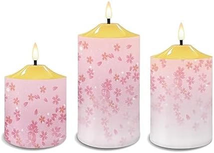 Cozeyat 3 Pieces Flameless Candles with Remote Control, Flickering Romantic Realistic Wax Pillar Tealights, Pink Cherry Blossom Design Flameless Bullet Floating Candles for Indoor Outdoor Decor - Image 2
