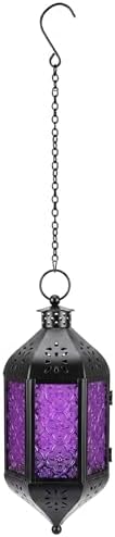 Vela Lanterns Hanging Moroccan Lantern with LED Twinkle Fairy Lights - Exotic Decorative Patio & Porch Decor, Indoor Outdoor Candle Lamp Holder with Chain (13" Large, Purple Glass) - Image 7