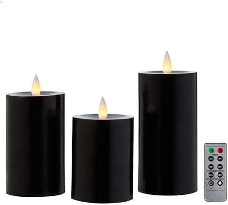 Flameless Pillar Candles Flickering with Remote Timer, Battery Operated LED Candles Up to 400 Hours, 3D Moving Flame Real Wax Candles. (Black) by CozierGlow