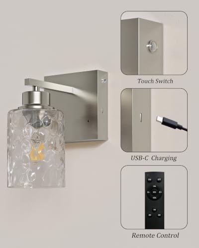 Hammered Glass Wireless Battery Operated Wall Sconces Set of Two Nickel - Image 5