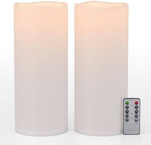 12" x 5" White Large Waterproof Outdoor Flameless Candles Battery Operated LED Flickering Pillar Candles with Remote and Timer for Indoor Outdoor Lanterns, Long Lasting, Set of 2 by Yongmao