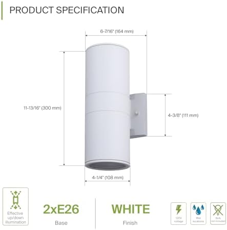 ASD 2 Light Cylinder Outdoor Sconce Lights, White 120W E26 ETL 2 Pack - Image 2