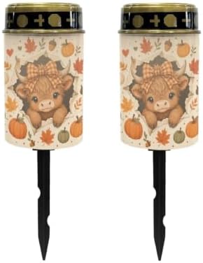 Poceacles Fall Decor Solar Lights Garden Cemetery Flameless Candle Pillar Candle Solar Garden Stake Lights for Thanksgiving Day Decorations, Highland Cow Pumpkin, 2 Pack by Poceacles