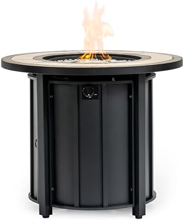 30'' Ceramic Round Propane Fire Pit Table, 50,000 BTU Steel Gas FirePit for Outdoor, Fire Table with Lid, Add Warmth & Ambience to Gatherings and Parties On Patio Deck Garden Backyard, Black. by Senjoys