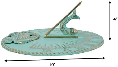 Renovators Supply Manufacturing Sundial Verdigris Finish Brass 10" Dia Vintage Sun Dial Garden Or Lawn Clock Beach Theme Fish Dial and Crab Plaque Patio Outdoor Compass Sundials for Yards - Image 5
