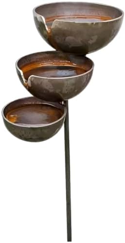 Rain Catcher Bird Bath, 24 x 9 in 3 Layer Metal Garden Stake, Rustic Stacked Bowls Outdoor Decor with 4.7, 3.9, 3.1 in Cups, Vintage Water Station for Bees, Butterflies, Hummingbirds by Unknown