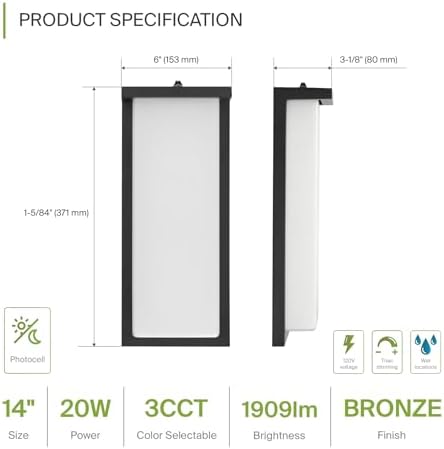 ASD LED 14" Outdoor Wall Light, Dusk to Dawn Front Door House Sconce | 3CCT, Photocell, Waterproof, ETL Listed | 20W 1900LM 3000-5000K 120V | Exterior Patio Lighting Fixture, Porch Lamp | Black - Image 2