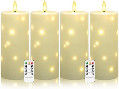 kakoya 10" x 4" Large Outdoor Waterproof Flickering Flameless Candles with Timer,4Pcs Battery Operated LED Pillar Candles with Embedded Star String for Outdoor Lanterns,Porch,Patio Decor(Ivory) by FLAMELESSCANDLES