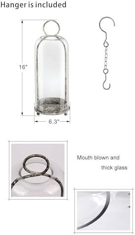 16" High Versatile Modern Metal Hurricane Lantern with Handmade Sturdy Glass Dome in Rustic Black for Pillar Candle & Plants, Industrial, Farmhouse, Shabby Chic - Image 2