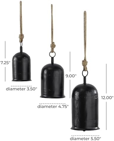 Deco 79 Metal Indoor Decorative Cow Bells Tibetan Inspired Meditation Bell with Jute Hanging Rope, Set of 3 Cow Bell 12", 9", 7"H, Black - Image 6