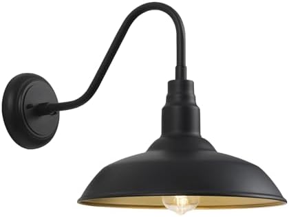 14in Dome Large Outdoor Barn Lights, Black Exterior with Gold Interior Gooseneck Light Fixture, Outside Wall Mount Industrial Sconce for Porch Farmhouse Garage Front Door Patio Entryway by GOALPLUS