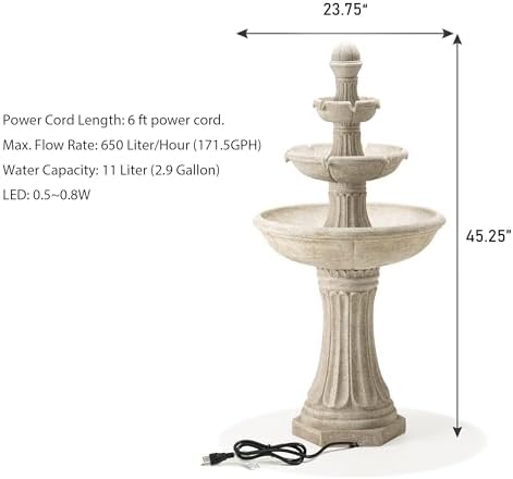 Glitzhome Three Tier Outdoor Floor Standing Fountain with LED Lights and Pump, 45.25" Tall Cascading Water Fountain Outdoor Fountains and Waterfalls Resin Patio Fountains for Garden Backyard Lawn - Image 6