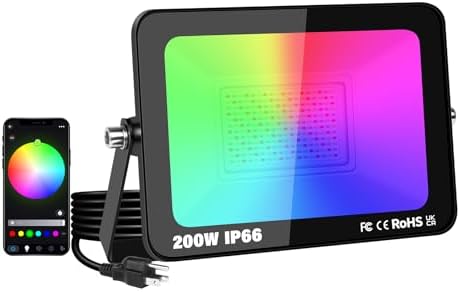 Willpower LED RGB Floodlight Outdoor Colour Changing, 200W Smart Flood Lights with Plug, IP66 Waterproof Disco Lights Dimmable for Party Stage Garden Halloween Christmas Decorations by Willpower