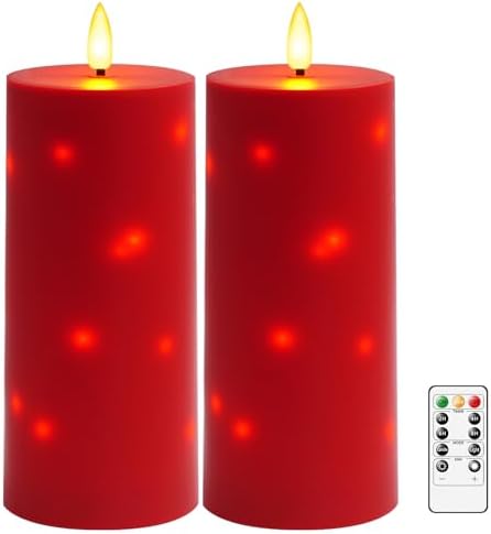 kakoya 10" x 4" Large Outdoor Waterproof Flickering Flameless Candles with Timer,2Pcs Battery Operated LED Pillar Candles with Embedded Star String for Outdoor Lanterns,Porch,Patio Decor(red) by FLAMELESSCANDLES