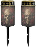 Poceacles Solar Candle Cemetery Solar Lights for Grave LED Garden Flameless Powered Pathway Lights for Halloween Outdoor Decoration, Skull Rose Black Print, 2 Pack by Poceacles