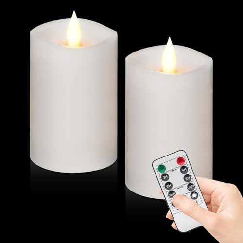 3"x5" Flickering Flameless Candles with Remote Timer- Set of 2 Real Wax White Pillar LED Candles for Indoor/Outdoor Fireplace & Home Decor, Battery Operated with 600+ Hours Flickering (3" Diameter) by WOOCODOWE