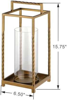 16" Modern Metal Lantern with Twisted Rope-Style Frame in Antique Brass with Glass Hurricane for Pillars, String Light. Centerpiece, Mantel, Ambient Lighting, Farmhouse, Transitional, Patio, Entryway - Image 2