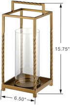 16" Modern Metal Lantern with Twisted Rope-Style Frame in Antique Brass with Glass Hurricane for Pillars, String Light. Centerpiece, Mantel, Ambient Lighting, Farmhouse, Transitional, Patio, Entryway - Image 2