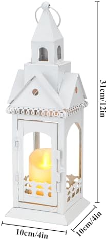 TRIROCKS Rustic Style Metal Candle Lantern 13'' High Decorative Outdoor Lantern Candle Holder with Tempered Glass House Shape for Home Living Room Garden Patio Parties Indoors Outdoors (White) - Image 3