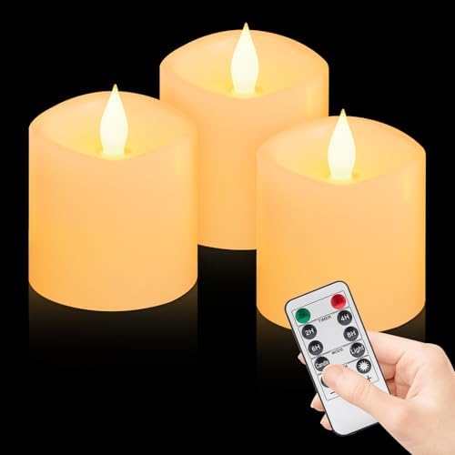 Flameless Candles with Remote & Timer - 3×3'' Ivory Pillar LED Candles Battery Operated,Fake Candles for Indoor Outdoor - Realistic Flickering Flame Holiday Wedding Church Decor (3-Pack) by WOOCODOWE