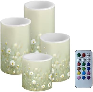 Flameless Candles Battery Powered LED Pillar Candles Tealights with Remote Timer Color Changing Control for Indoor Outdoor Home Tabletop Decoration Set of 4, Daisy Floral Green by NETILGEN