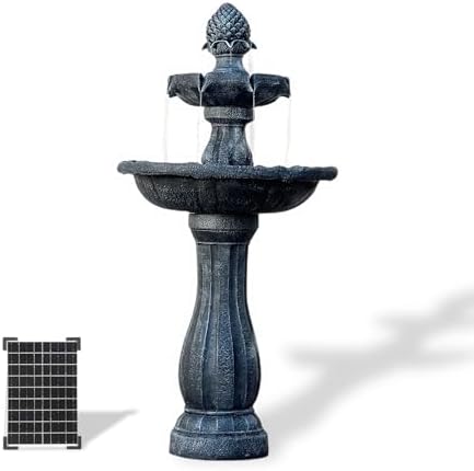 XBrand 44" H Gray Fiberglass/Resin 2-Tier Solar Water Fountain w/Solar Panel and Auto-Shut Off Pump, Solar Garden Fountain, Tall Outdoor Fountain, Two Tiered Birdbath Fountain by XBrandHomeGarden