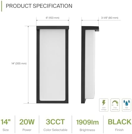 ASD LED 14" Outdoor Wall Light, Front Door House Sconce | 3CCT, Dimmable, Waterproof, ETL Listed | 20W 1900LM 3000-5000K 120V | Exterior Patio Lighting Fixture, Flush Mount Porch Lamp | Black - Image 2