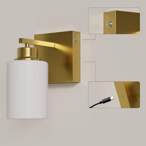 Wireless Battery Operated Wall Sconce Set of Two, Modern, White Glass, Gold - Image 6