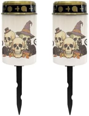 Poceacles Solar Lights Outdoor Grave Candle for Cemetery Decoration Solar Outdoor Lights for Garden Lawn Backyard Pathway Decor, Skull Black Cat Leaf Print, Pack of 2 by Poceacles