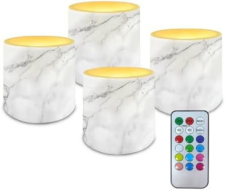 4Pcs Flameless Candles with Remote Battery Operated Candles with Timer Pillar Tea Lights Bulk for Indoor Outdoor Porch Banquet Gathering Home Decorations, White Marble by Merkmak