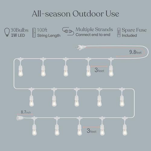 Outdoor String Lights LED White 100FT Patio Lights String with 32 1W Dimmable Shatterproof Bulbs for Wedding Pergola Gazebo Bistro Outdoor - Image 2