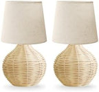 Rattan Small Table Lamp Set of 2, Boho Farmhouse Style with Cotton Linen Lampshade, 6.2×6.2×11.8 Inch Bedroom Night Light for Living Room Office Dorm, with Bulbs Included by LAMP