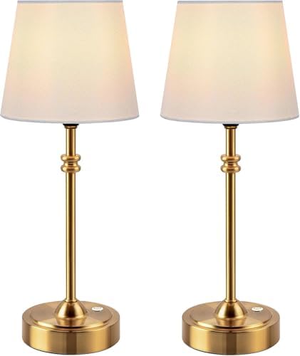 ONEWISH Cordless Table Lamps Set of 2 - Battery Powered Lamp, 4000mAh Rechargeable, Stepless Dimmable, Wireless Lamp with Fabric Shade, 2700K Warm Ambient Light for Dining, Patio, Bathroom(Gold) by onewish