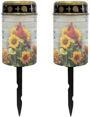 Poceacles Cardinal Sunflower Wood Grain Solar Lights Outdoor Solar Powered Outdoor Cemetery Stake Candle Grave Solar Lamp Landscape Lighting Waterproof Grave Flameless Candle, Pack of 2 by Poceacles