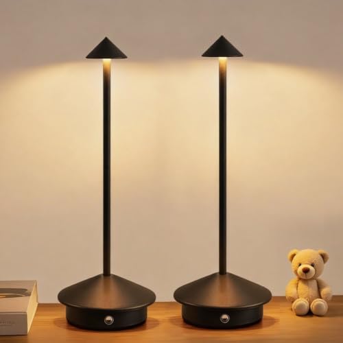 2 Pack Aluminum Cordless Table Lamp, 6000mAh Rechargeable Table Lamps, Portable Touch LED Lamp, Outdoor Waterproof Dimmable Cordless Rechargeable Table Lamps for Restaurant/Patio- Black (BK-Black) by SimisandTableLamps