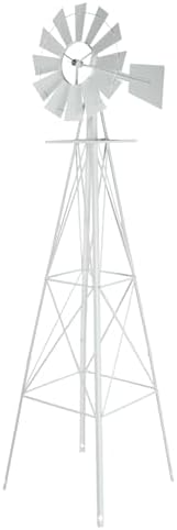 8FT Garden Windmill, Metal Yard Decor with Weather Vane, White by HAHASOLE