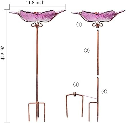 26" Glass Bird Bath, Outdoor Birdbath Bird Feeder Pink Flower Metal Stake - Image 6