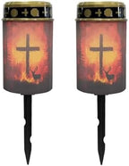Poceacles Cross Outdoor Lights Pack of 2 Solar Powered Flameless Candle Cemetery Votive Candles Waterproof Outdoor Memorial Candle Solar Stake Lights for Grave Cemetery, Deer Cross Flame Forest by Poceacles