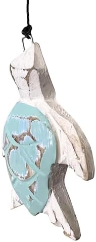 Rustic Sea Turtle Bamboo and Wood Windchimes – Outdoor Wind Chime – Distressed Finish – Whitewash & Teal Blue – Natural Beautiful Relaxing Sound - Image 4