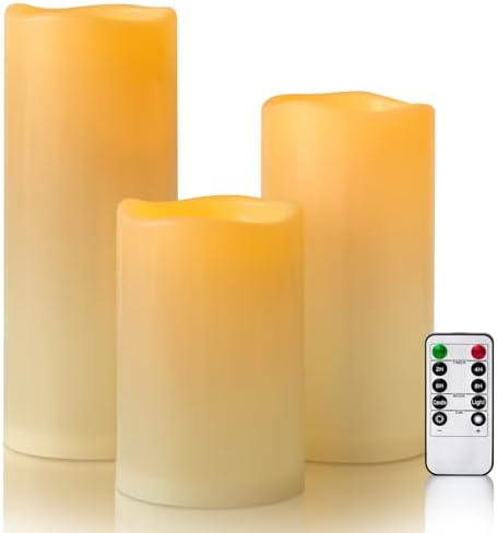 6" 8" 10" x 4" Ivory Large Waterproof Outdoor Flameless Candles Battery Operated LED Flickering Pillar Candles with Remote and Timer for Indoor Outdoor Lanterns, Long Lasting, Set of 3 by Yongmao