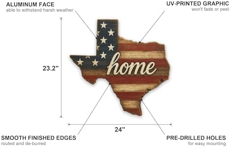 Texas "Home" State Shape Sign — Vintage American Flag Wall Decor — UV-Printed Aluminum (Not Real Wood) — Patriotic State Pride Art for Indoors & Outdoors — Made in USA - Image 2