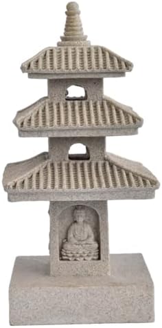 Pagoda Garden Statue 10 Inch Weatherproof Solar Garden Decor for Backyard Balcony Patio Lawn Yard, Khaki, with LED Light Zen Japanese Lantern by Unknown