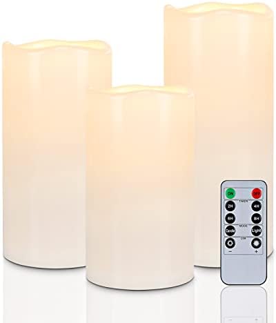 Homemory 6" 8" 10" x 4" Waterproof Outdoor Flameless Candles, Battery Operated Flickering LED Pillar Candles with Remote and Timers for Indoor, Plastic, Ivory White by Homemory